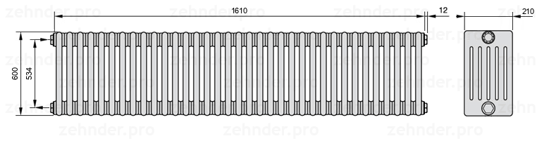 Схема (чертеж) Радиатор Zehnder Charleston 6060/35 №1270 Белый глянцевый RAL 9016